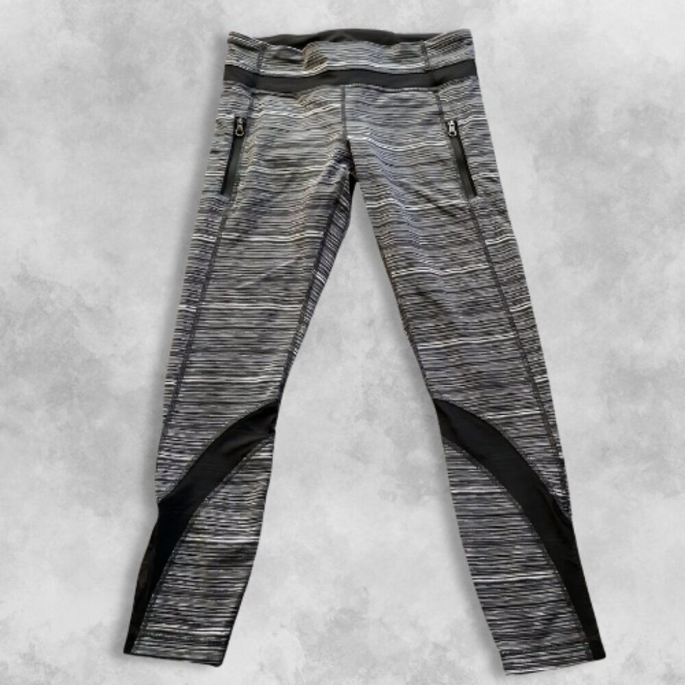 Lululemon Striped Workout Leggings Vented Panels Four Zippered Pockets Gray W 4